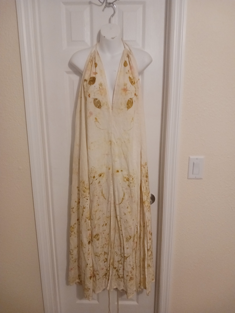 Halter Linen Maxi Dress Cream with Subtle Botanical Eco- Print OSFM
